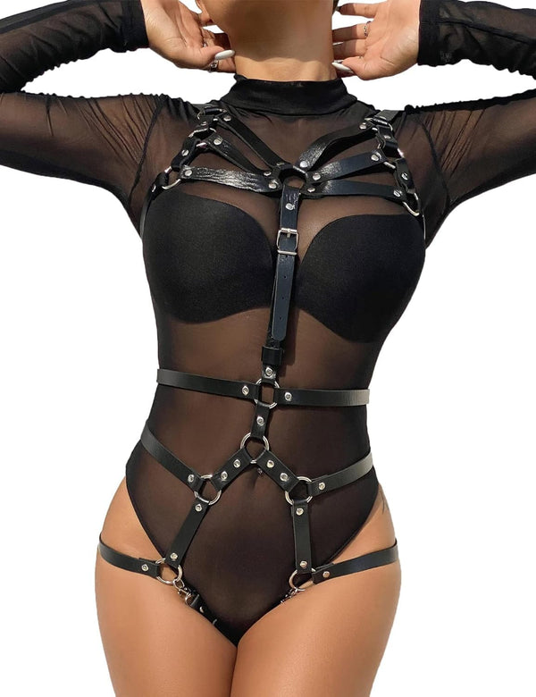 Lady Gothic Strappy Leder-Body-Harness mit Taillengürtel für Frauen