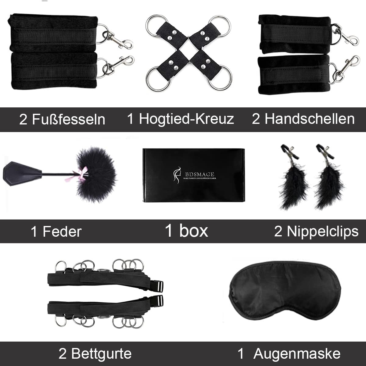 7-teiliger Bondage-Spielset – mit Federpeitsche, Augenmaske, Handschellen und Brustwarzenklemmen für Paare